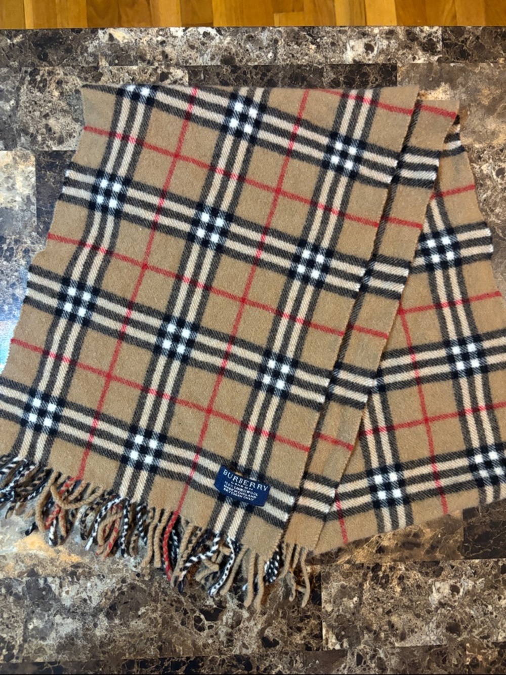 Vintage Burberry Beige Plaid Wool Scarf with Red Accent
